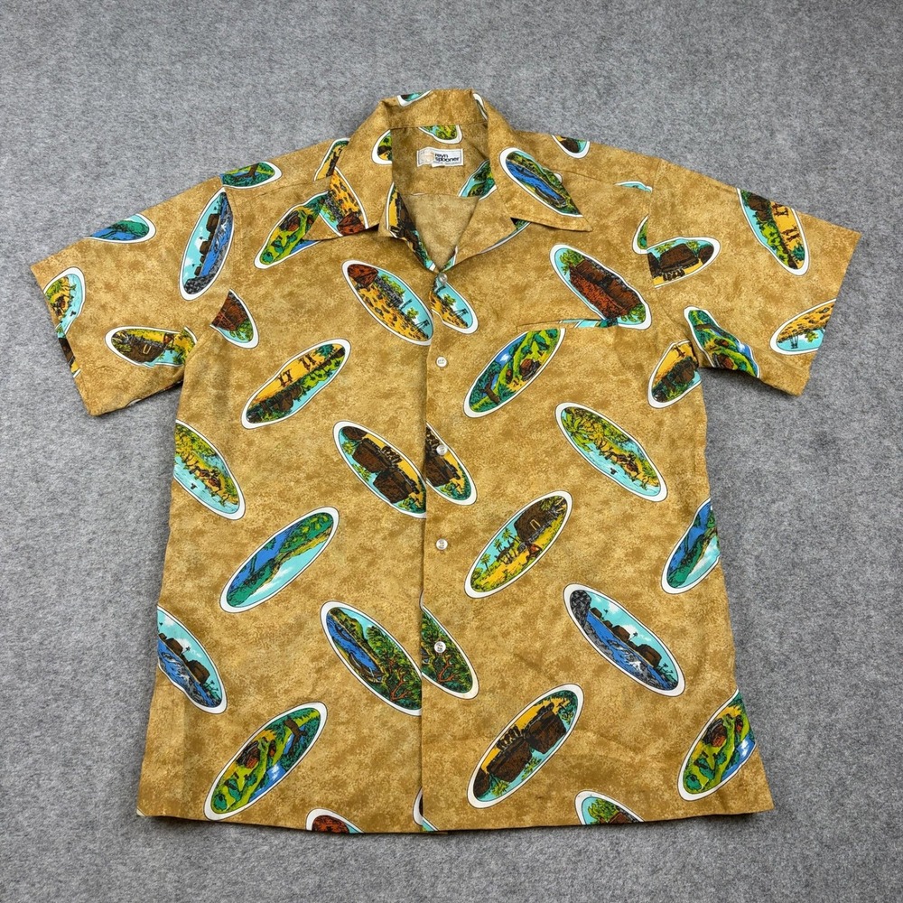 Reyn Spooner Hawaiian Shirt Mens Large Tan Surf Island Print Short Sleeve Aloha
